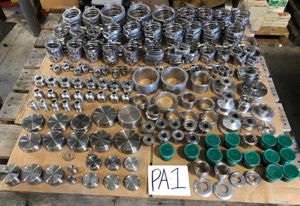 LOT (340) Stainless Steel Sanitary Clamps, End Caps, Ferrules, Adapters & More